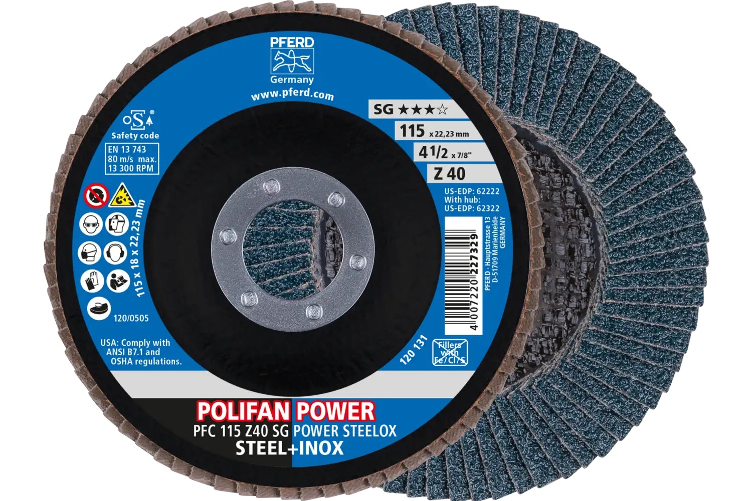 Picture of Pferd Flap Disc, 4-1/2" x 7/8, Z SG Power Steelox, 40 Grit, T29, Conical, Zirconia